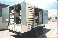 Sound attenuated 225 kW Detroit Diesel custom built portable generator with base tank.